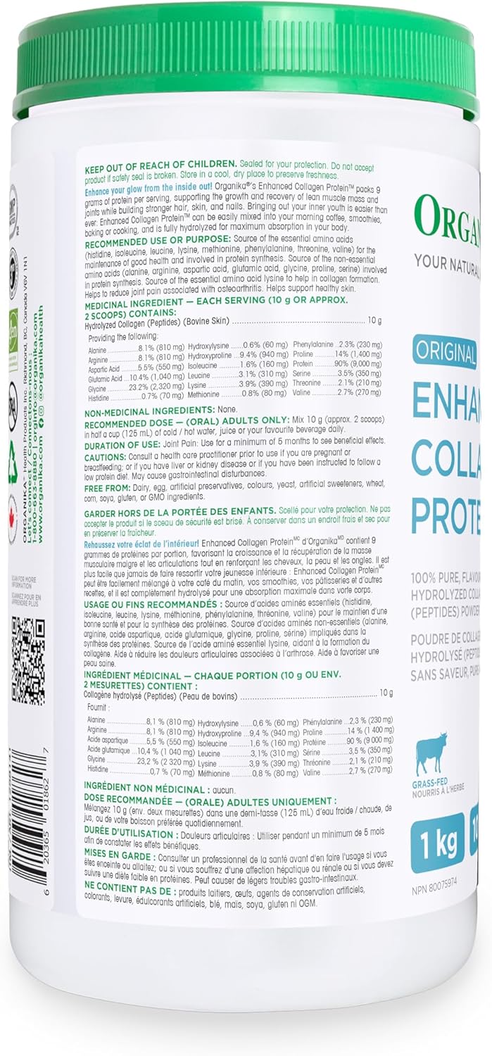 100% Pure Flavourless Hydrolyzed Collagen Peptides Powder - 1kg by Organika Original Enhanced