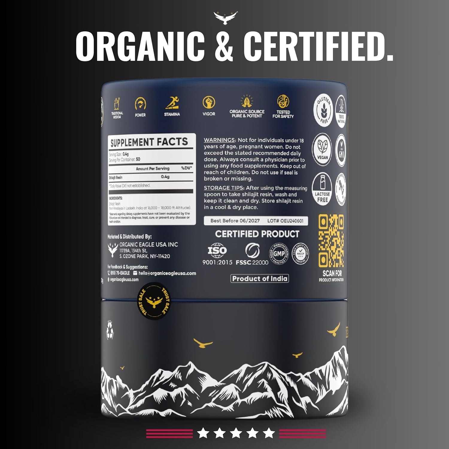 100% Pure Himalayan Organic Shilajit by ORGANIC EAGLE U.S.A | Natural Energy & Immunity Booster | 80+ Trace Minerals & 75%+ Fulvic Acid | Lab Tested | 50 Servings