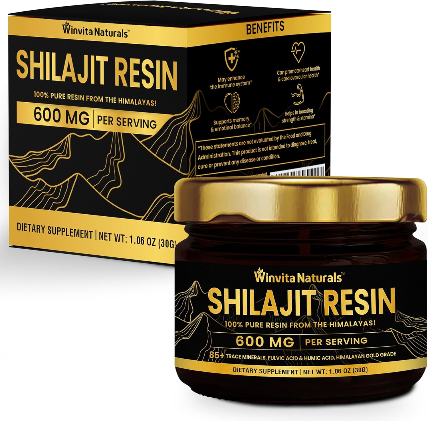 100% Pure Himalayan Organic Shilajit Resin - 600mg Gold Grade Supplement with Fulvic Acid & 85+ Trace Minerals for Energy, Focus, Metabolism & Immune Support - 30g