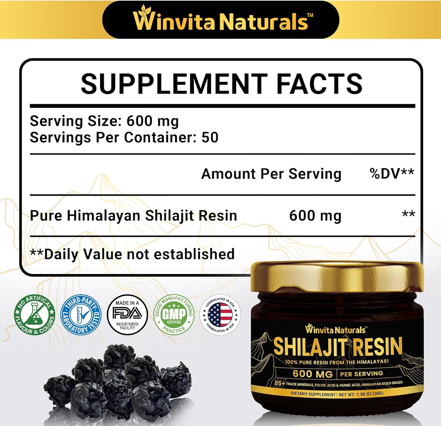 100% Pure Himalayan Organic Shilajit Resin - 600mg Gold Grade Supplement with Fulvic Acid & 85+ Trace Minerals for Energy, Focus, Metabolism & Immune Support - 30g