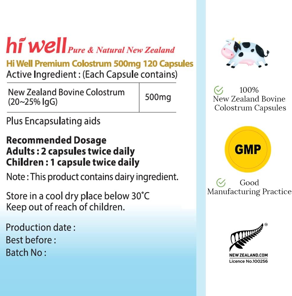 100% Pure New Zealand Bovine Grass-Fed Colostrum Capsules - Hi Well Premium Quality