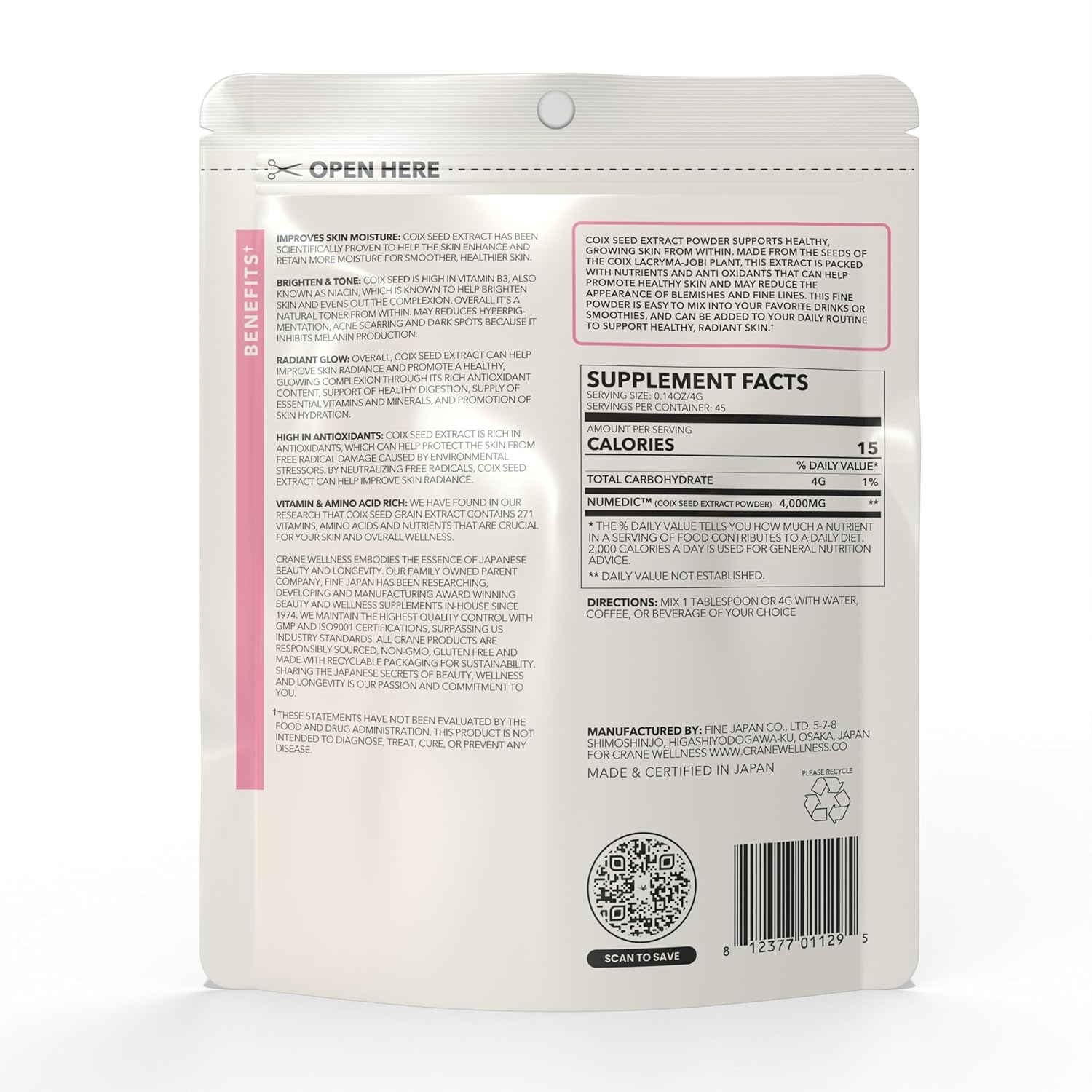 100% Pure Non-Gmo Coix Seed Extract Powder for Radiant Skin | Vegan, Gluten Free, Concentrated | Made in Japan