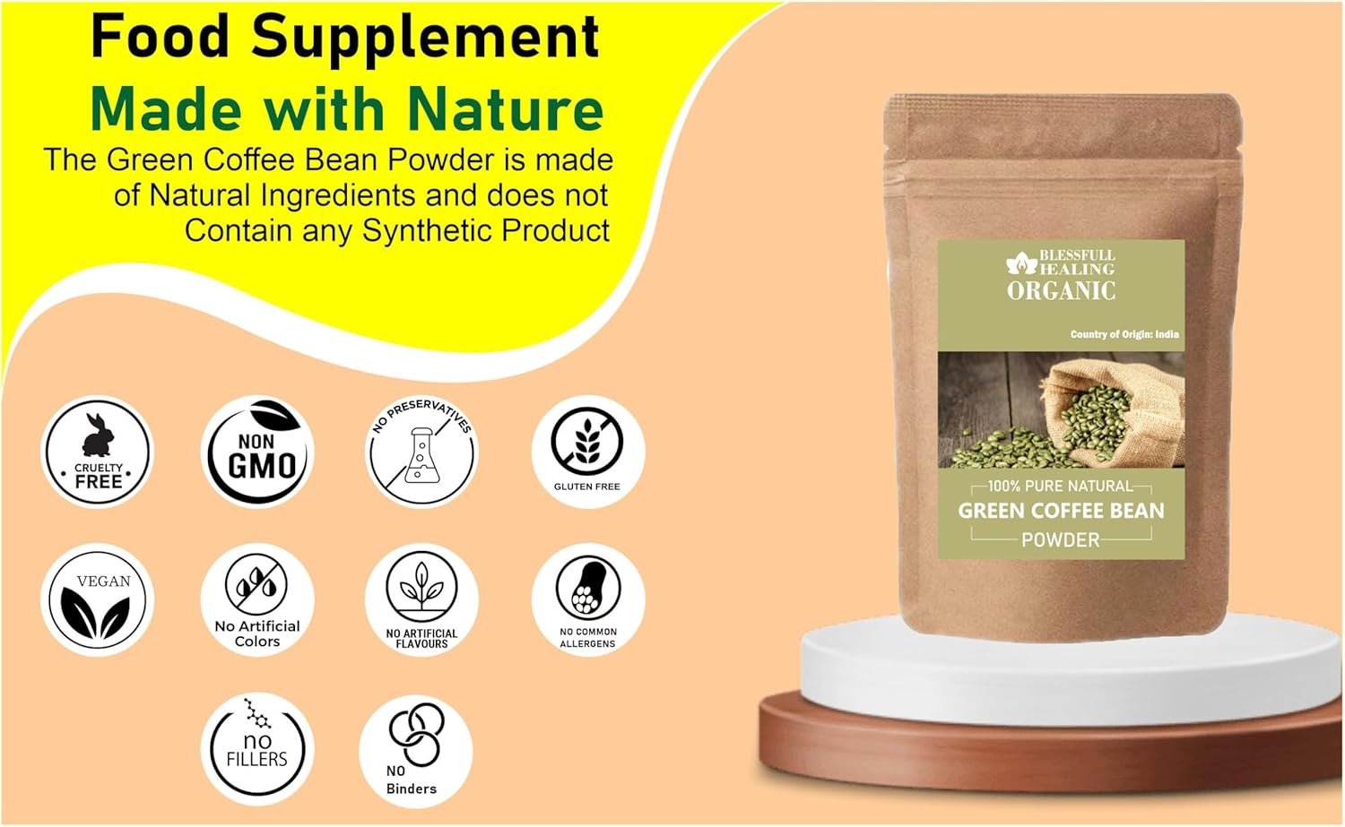 100% Pure Organic Green Coffee Bean Powder for Healing - 100g / 3.52 oz