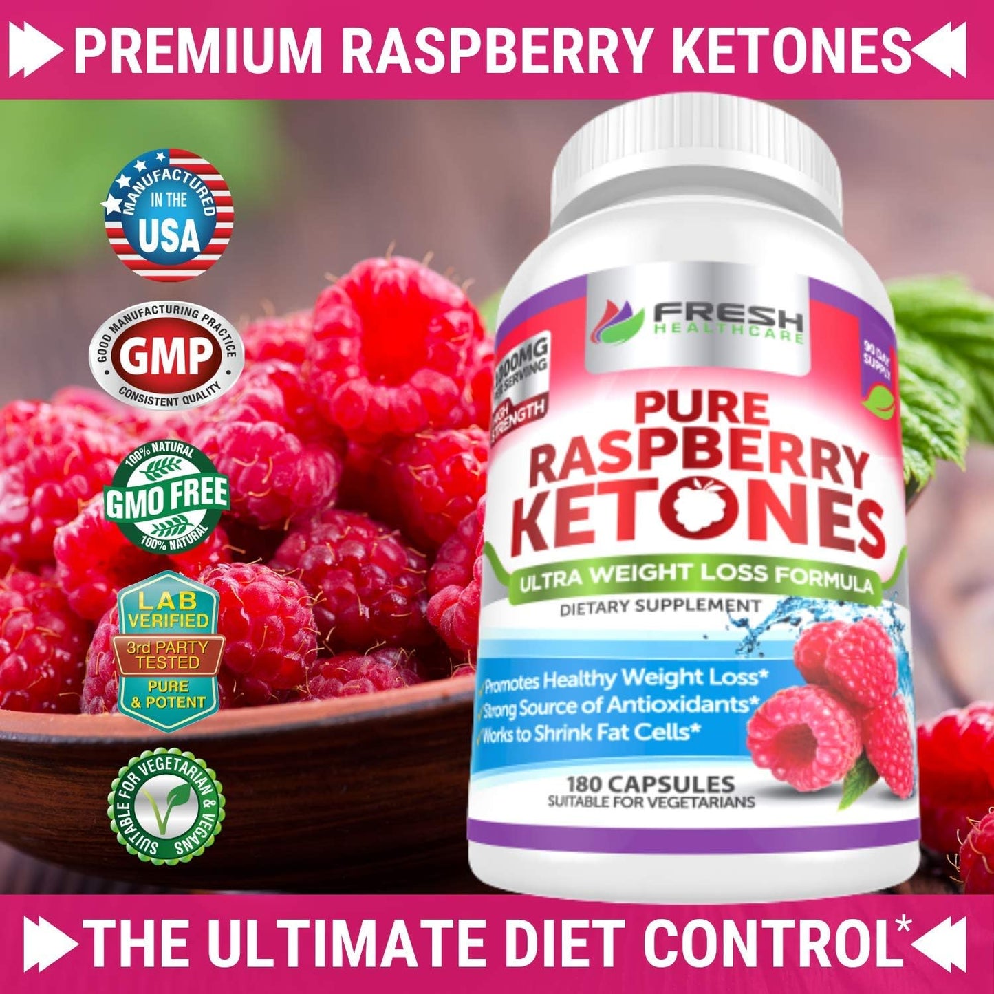 100% Pure Raspberry Ketones 1000mg - 3 Month Supply - Non GMO Weight Loss Support - 180 Capsules by FRESH HEALTHCARE