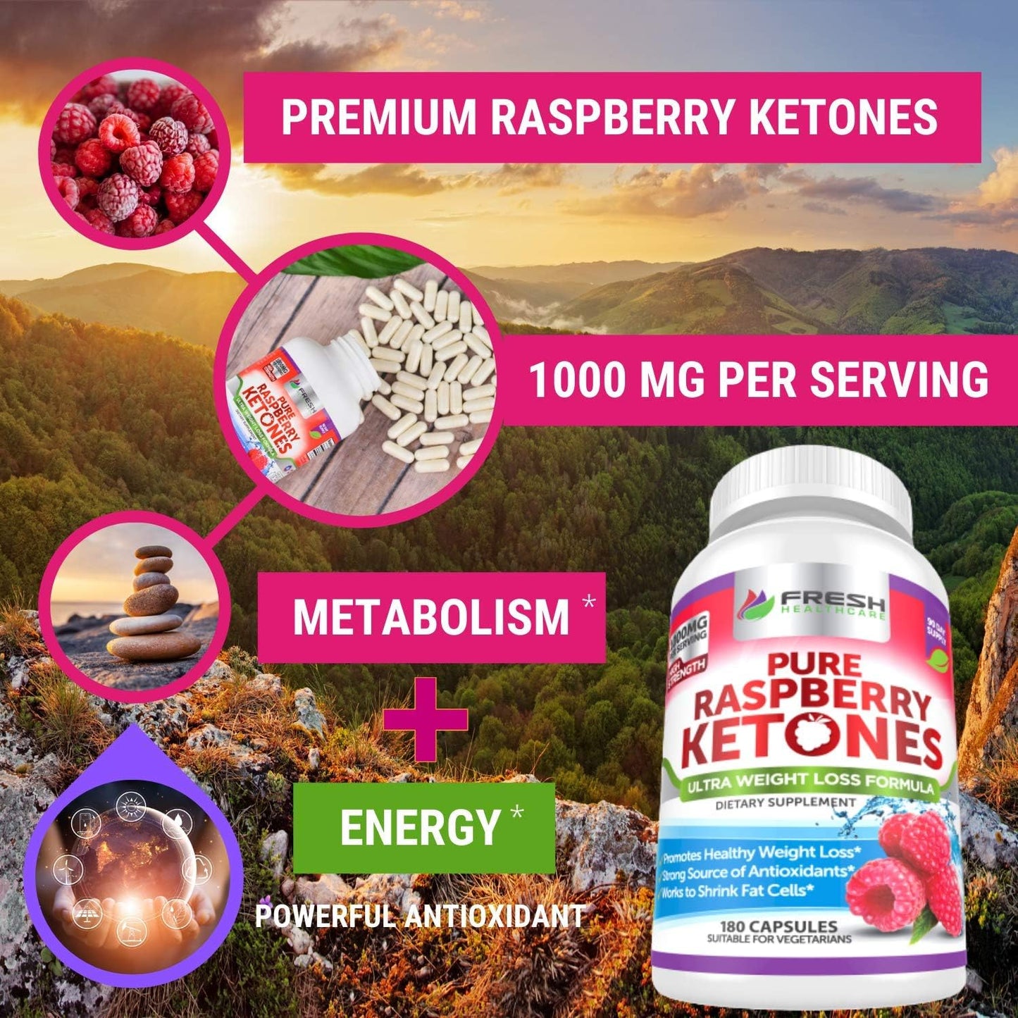 100% Pure Raspberry Ketones 1000mg - 3 Month Supply - Non GMO Weight Loss Support - 180 Capsules by FRESH HEALTHCARE