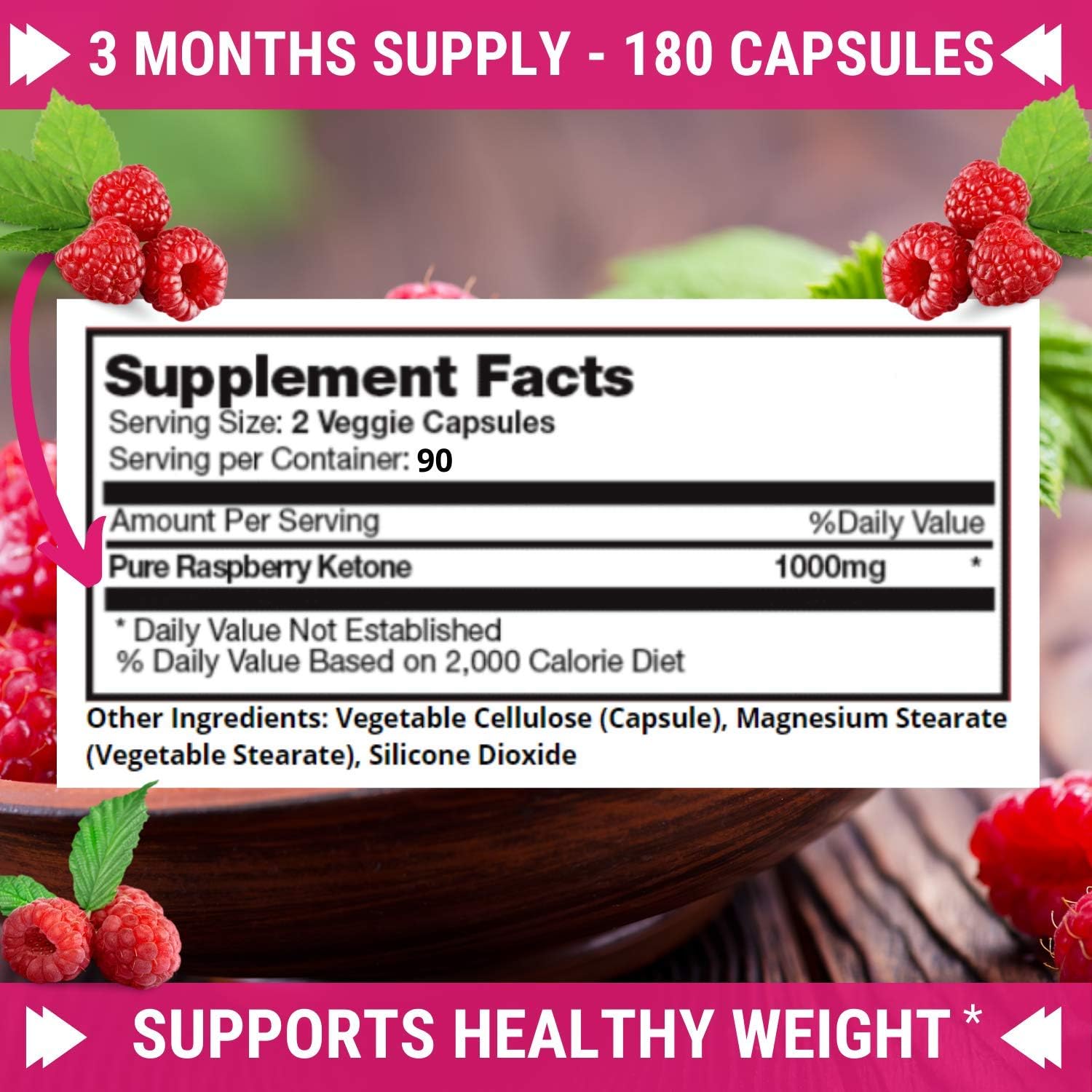 100% Pure Raspberry Ketones 1000mg - 3 Month Supply - Non GMO Weight Loss Support - 180 Capsules by FRESH HEALTHCARE