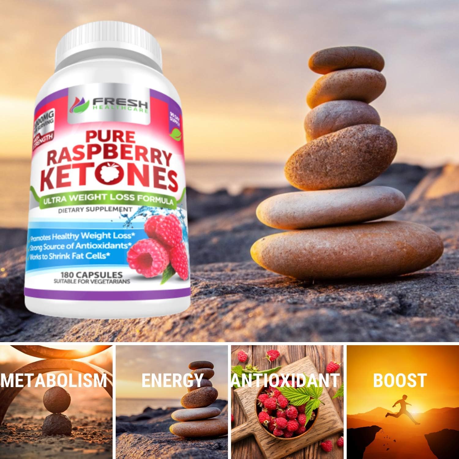 100% Pure Raspberry Ketones 1000mg - 3 Month Supply - Non GMO Weight Loss Support - 180 Capsules by FRESH HEALTHCARE