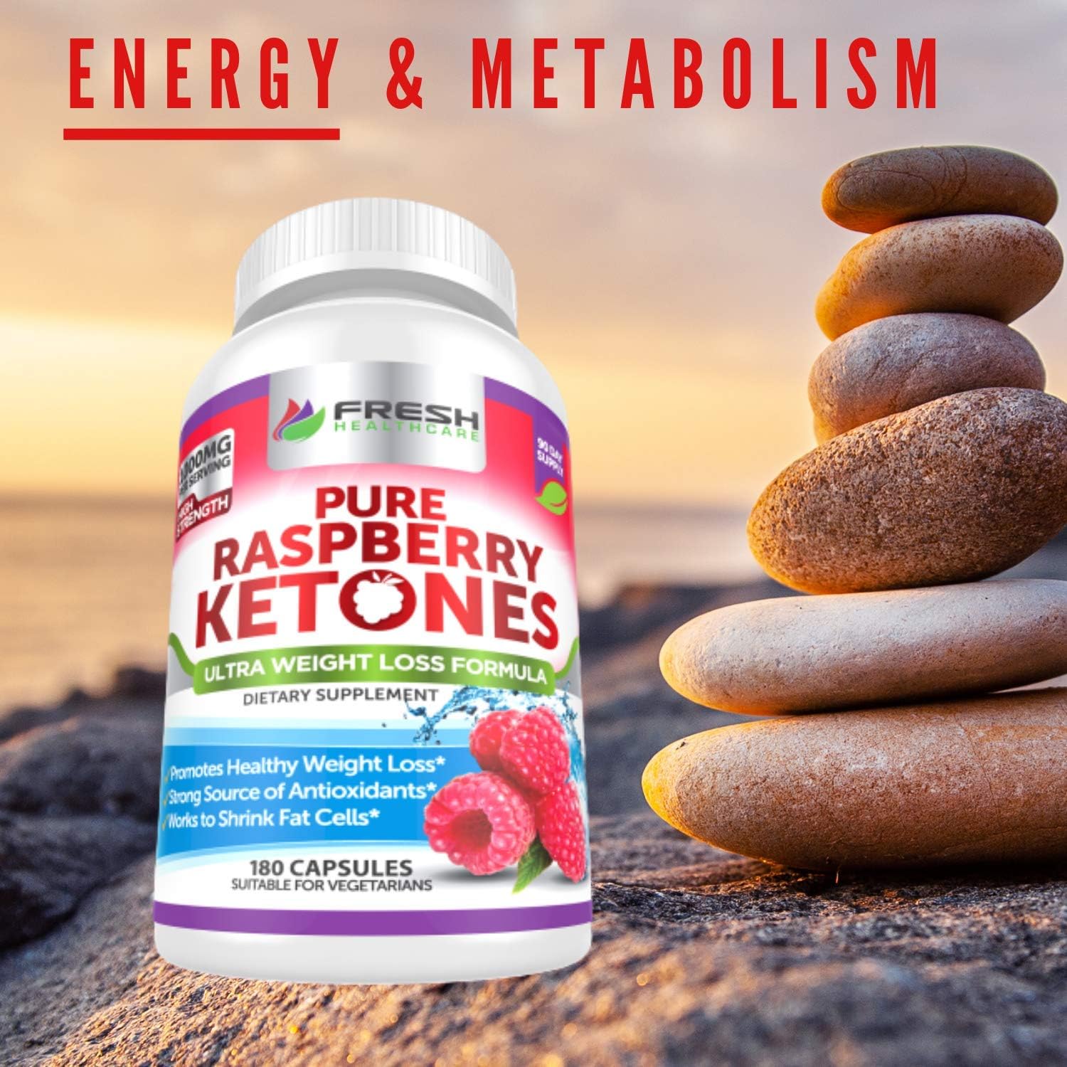 100% Pure Raspberry Ketones 1000mg - 3 Month Supply - Non GMO Weight Loss Support - 180 Capsules by FRESH HEALTHCARE