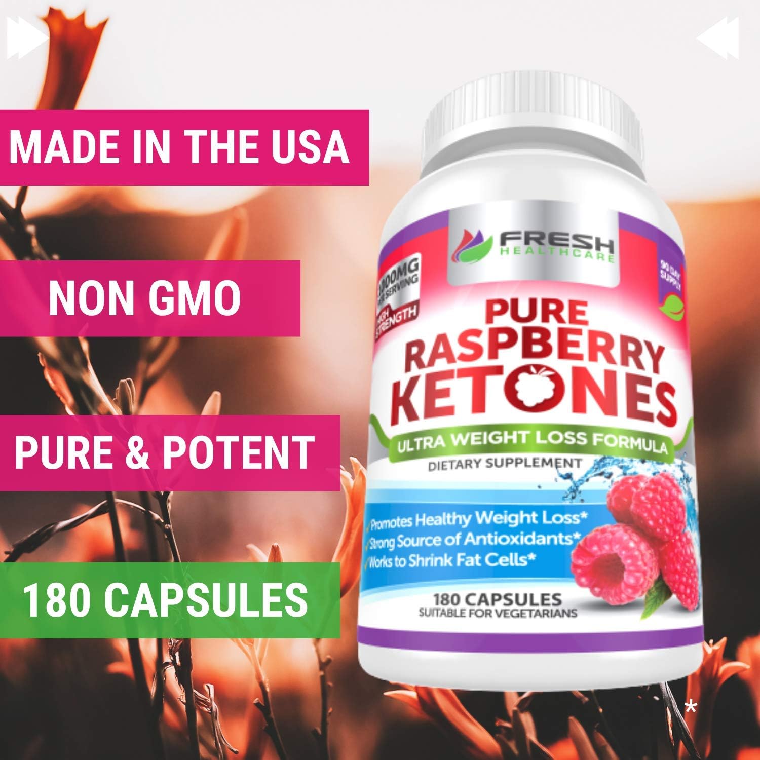 100% Pure Raspberry Ketones 1000mg - 3 Month Supply - Non GMO Weight Loss Support - 180 Capsules by FRESH HEALTHCARE