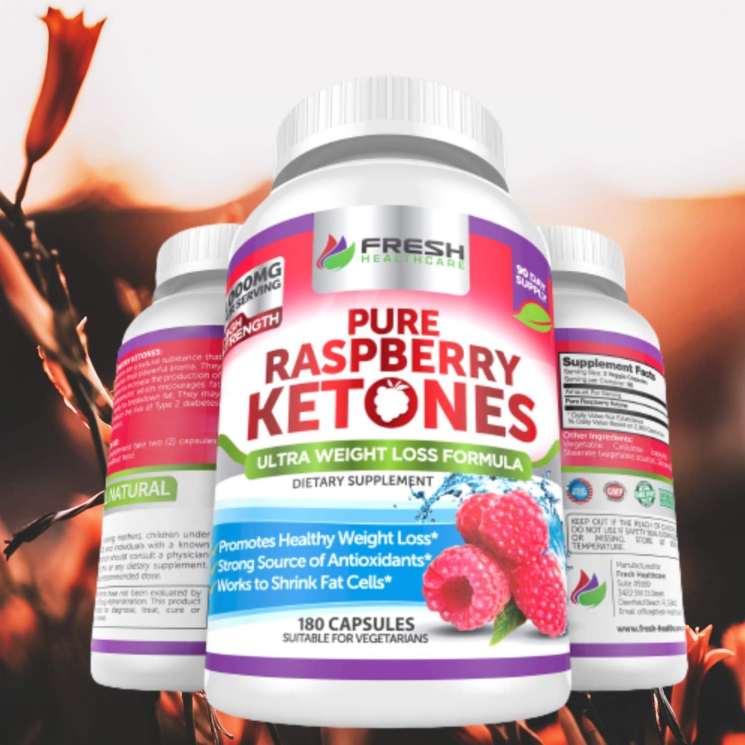 100% Pure Raspberry Ketones 1000mg - 3 Month Supply - Non GMO Weight Loss Support - 180 Capsules by FRESH HEALTHCARE