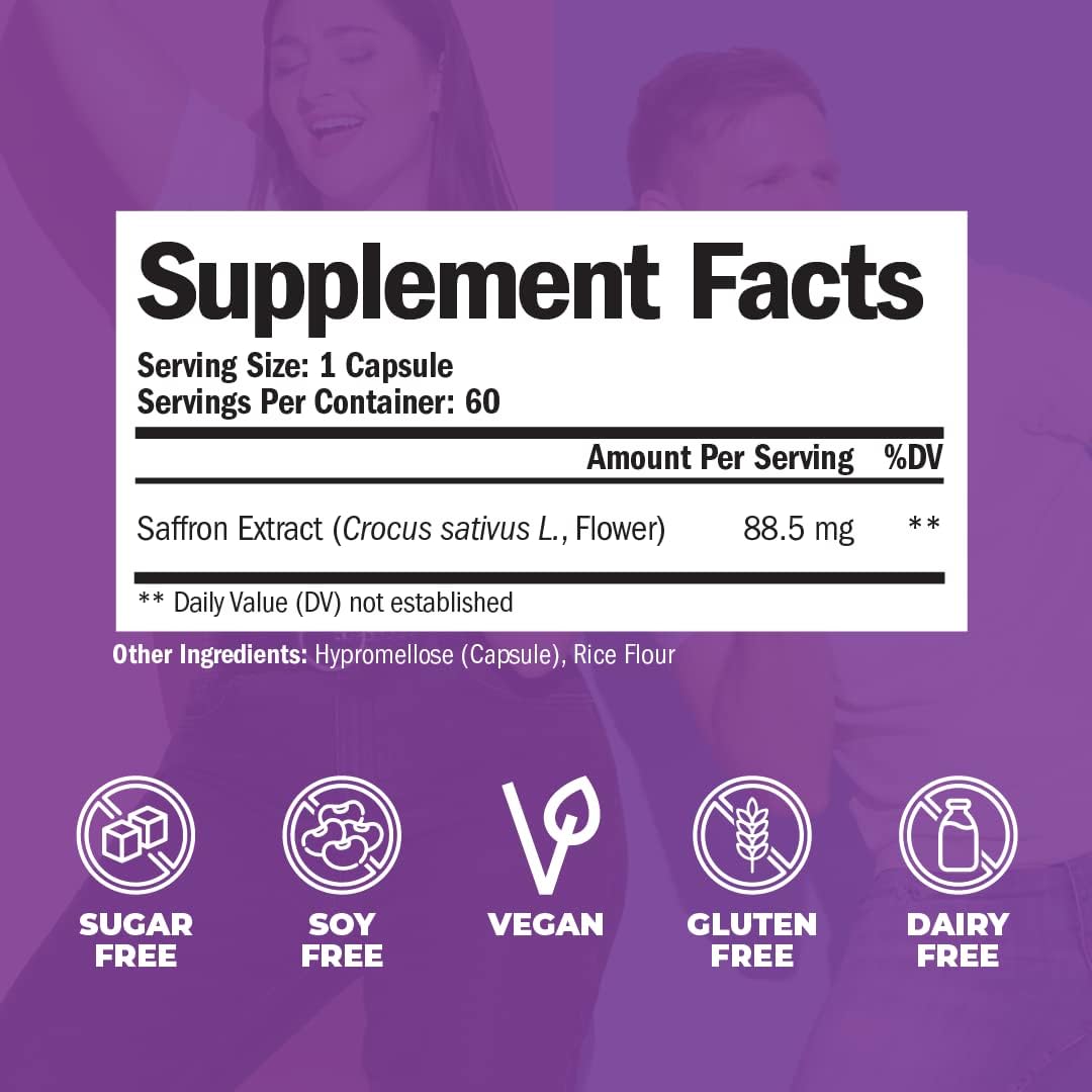 100% Pure Saffron Extract Capsules for Eye, Heart, Brain & Metabolic Health - Vegan Supplement for Men & Women - 60 Capsules