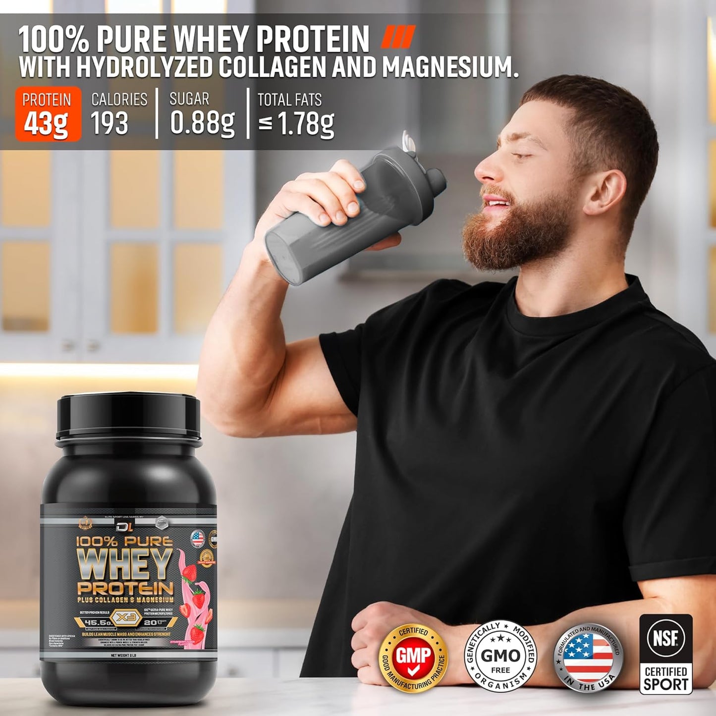 100% Pure Whey Protein with Collagen and Magnesium - 43g Protein, BCAA's - Muscle Gain, Recovery, and Nutrient Delivery - Low Fat, Easy Mixing - 2LB (1KG, Strawberry)