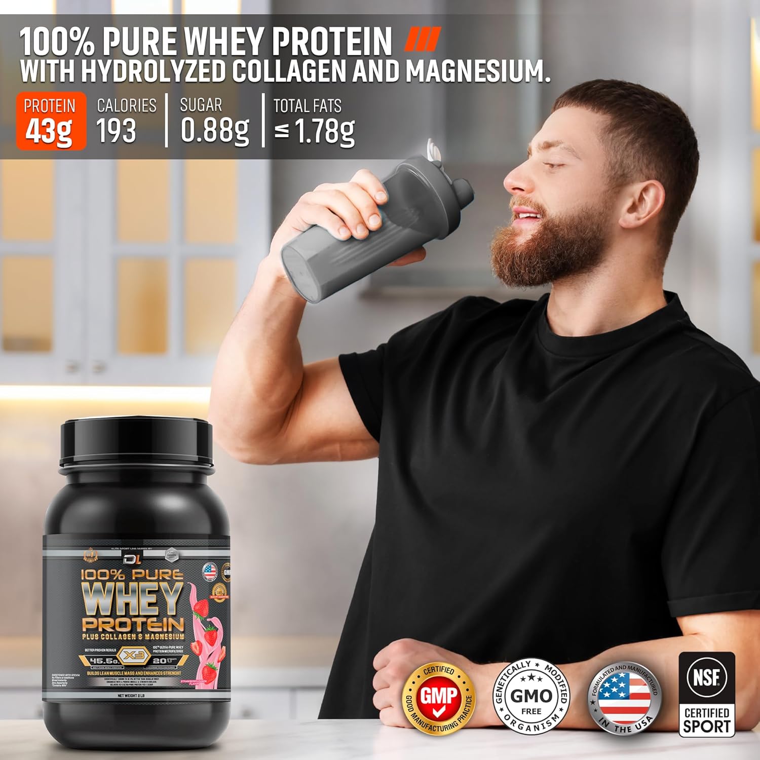 100% Pure Whey Protein with Collagen and Magnesium - 43g Protein, BCAA's - Muscle Gain, Recovery, and Nutrient Delivery - Low Fat, Easy Mixing - 2LB (1KG, Strawberry)
