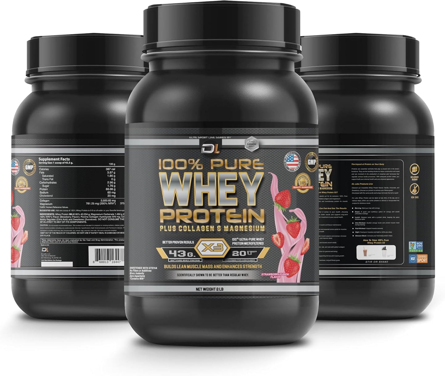 100% Pure Whey Protein with Collagen and Magnesium - 43g Protein, BCAA's - Muscle Gain, Recovery, and Nutrient Delivery - Low Fat, Easy Mixing - 2LB (1KG, Strawberry)