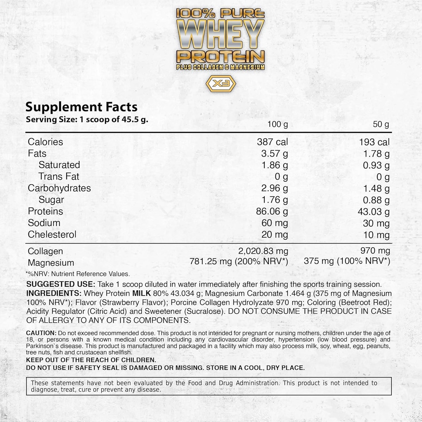 100% Pure Whey Protein with Collagen and Magnesium - 43g Protein, BCAA's - Muscle Gain, Recovery, and Nutrient Delivery - Low Fat, Easy Mixing - 2LB (1KG, Strawberry)