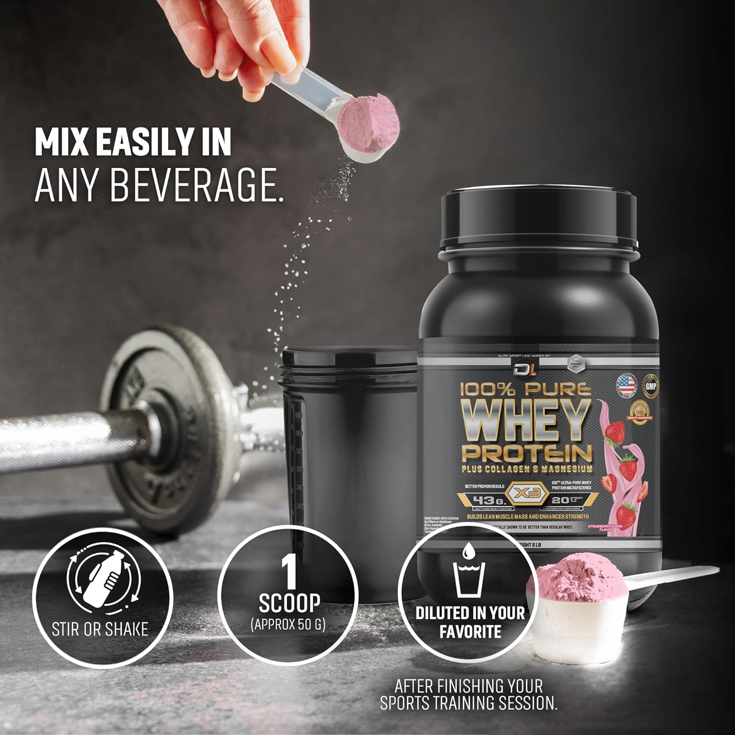 100% Pure Whey Protein with Collagen and Magnesium - 43g Protein, BCAA's - Muscle Gain, Recovery, and Nutrient Delivery - Low Fat, Easy Mixing - 2LB (1KG, Strawberry)
