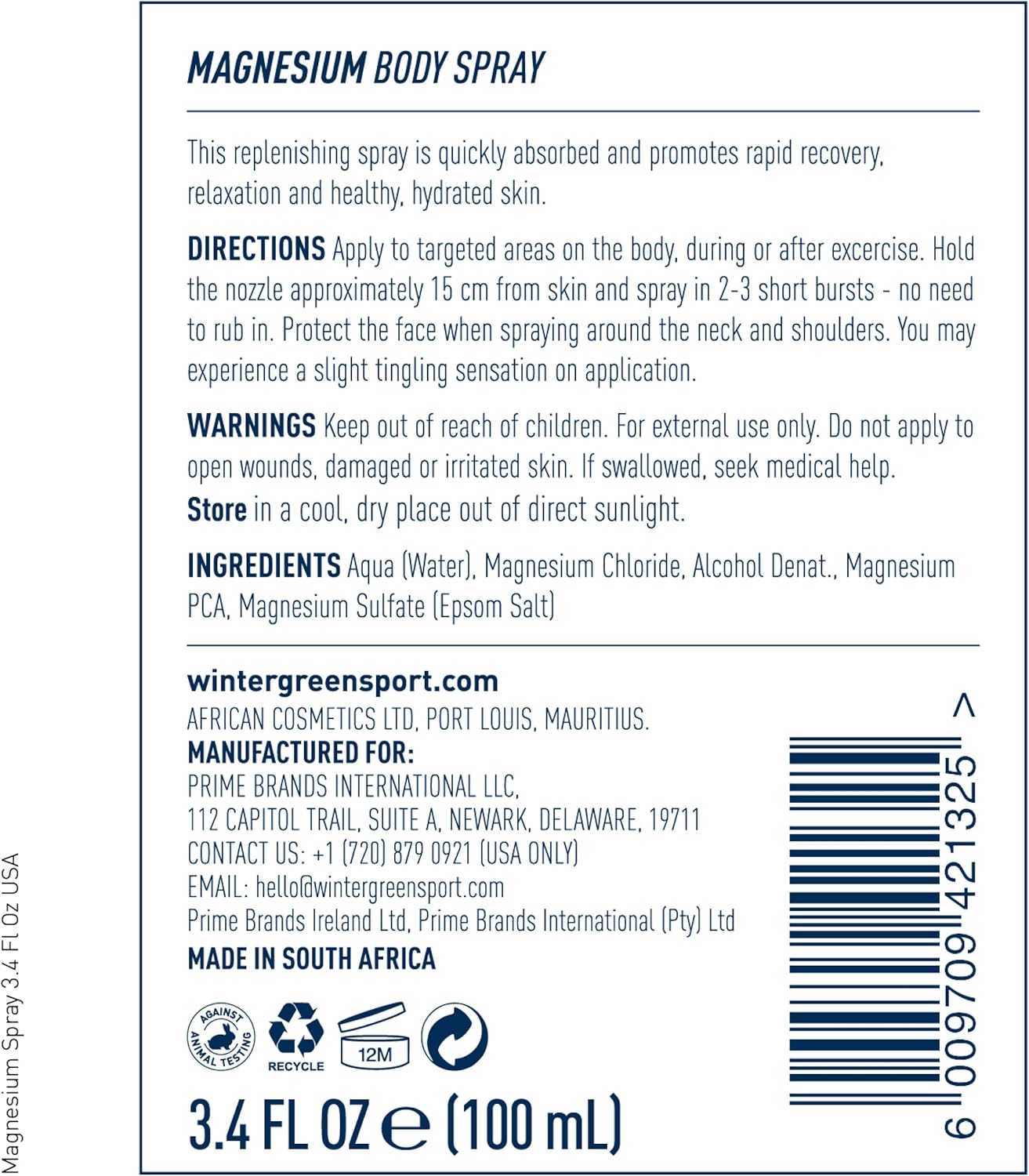 100% Pure Wintergreen Magnesium Spray - 3.4 Fl Oz (100 ml) Bottle