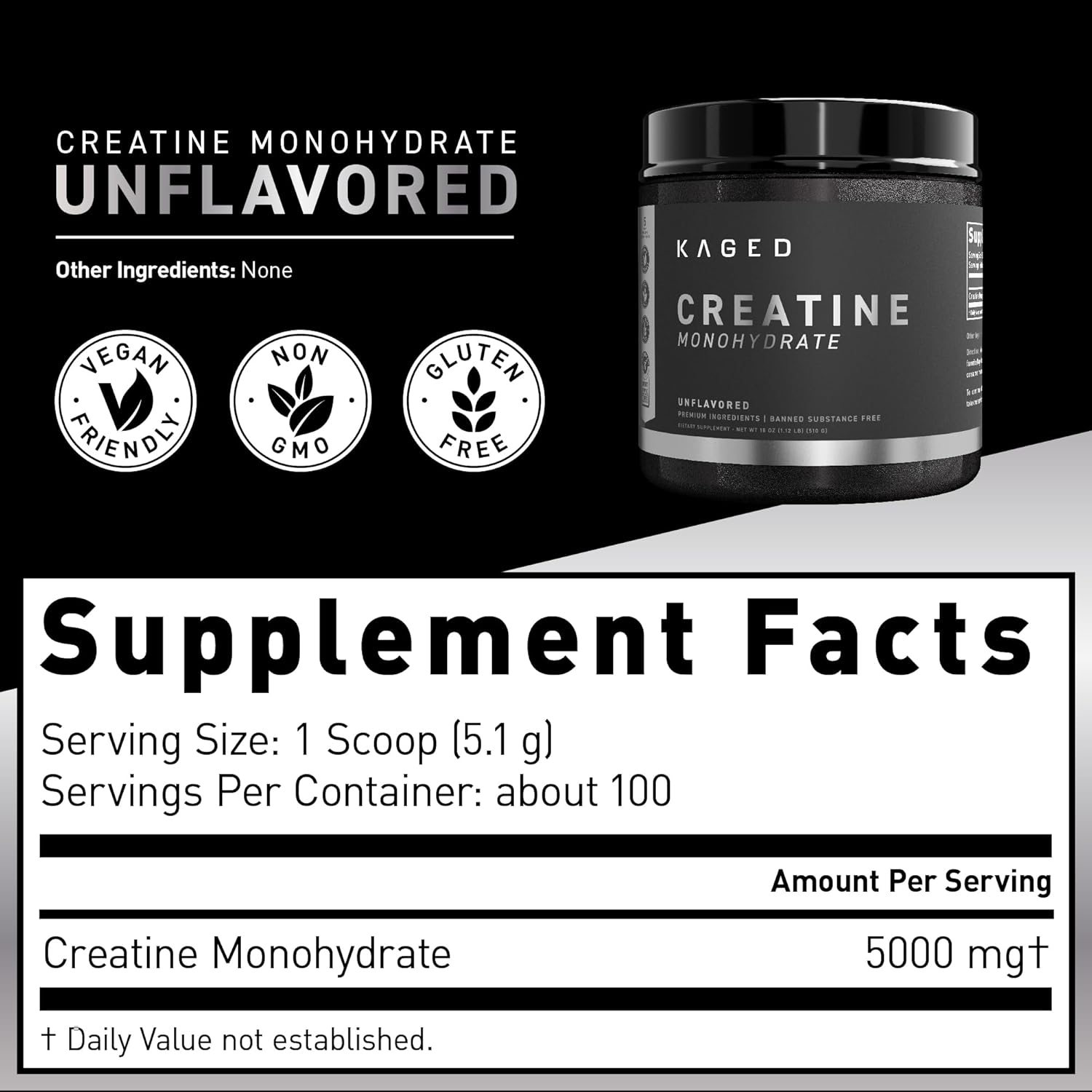 100 Servings Kaged Creatine Monohydrate Micronized Powder - Unflavored Muscle Recovery & Growth Supplement, Vegan, Gluten Free, Keto Friendly