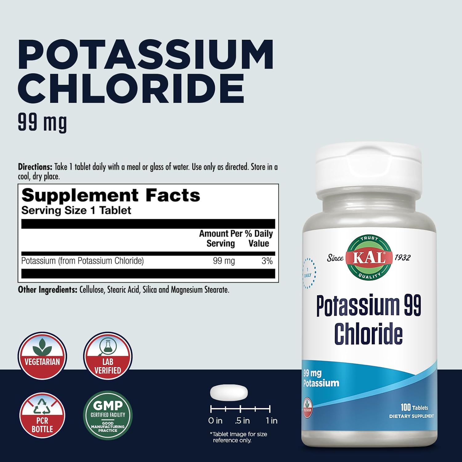 100 Tablets of KAL 99 Mg Potassium Chloride Supplement