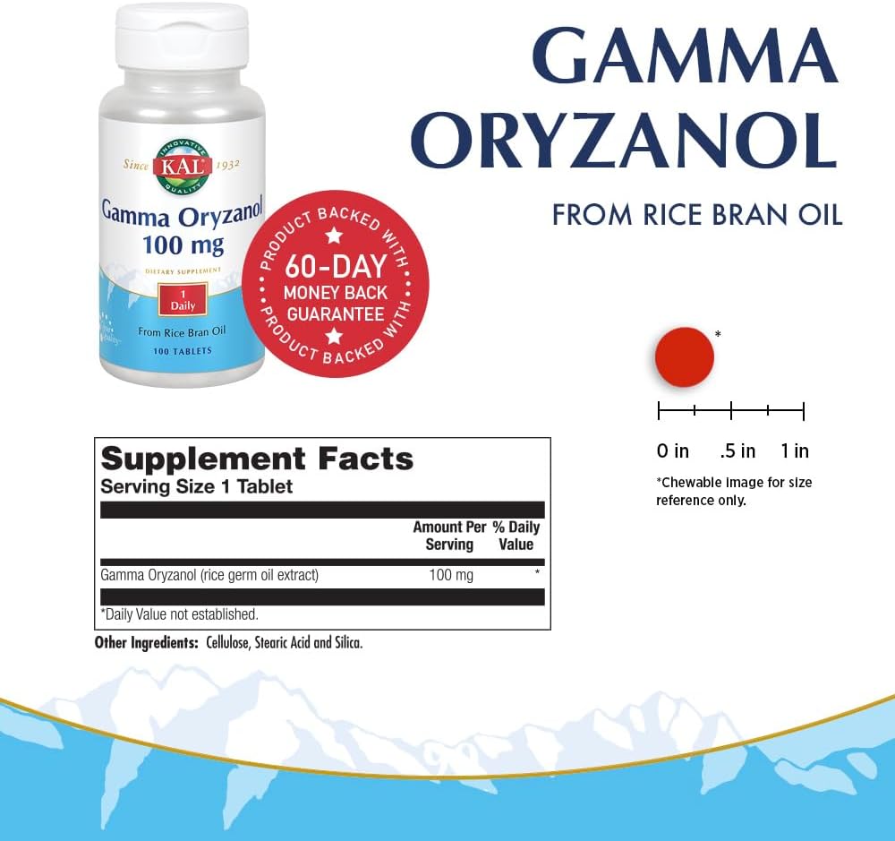 100 Tablets of KAL Gamma Oryzanol 100 mg for Antioxidant Support, Healthy Aging, and Lipid Balance with ActivTab Technology