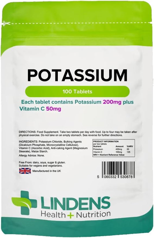 100 Tablets of Lindens Potassium, 200mg - Supports Healthy Blood Pressure and Reduces Cramps