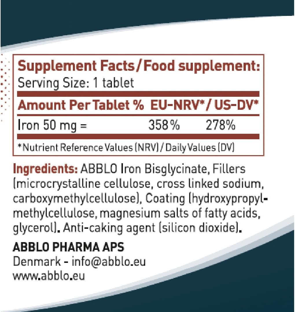 100 Units of Abblo Pharma 50mg Iron Bisglycinate - Gentle on Stomach, Food-Friendly Formula