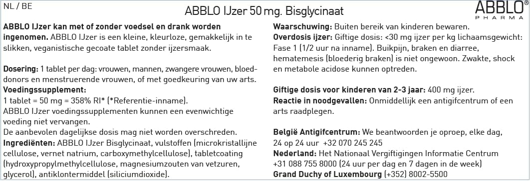 100 Units of Abblo Pharma 50mg Iron Bisglycinate - Gentle on Stomach, Food-Friendly Formula