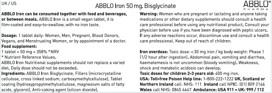 100 Units of Abblo Pharma 50mg Iron Bisglycinate - Gentle on Stomach, Food-Friendly Formula