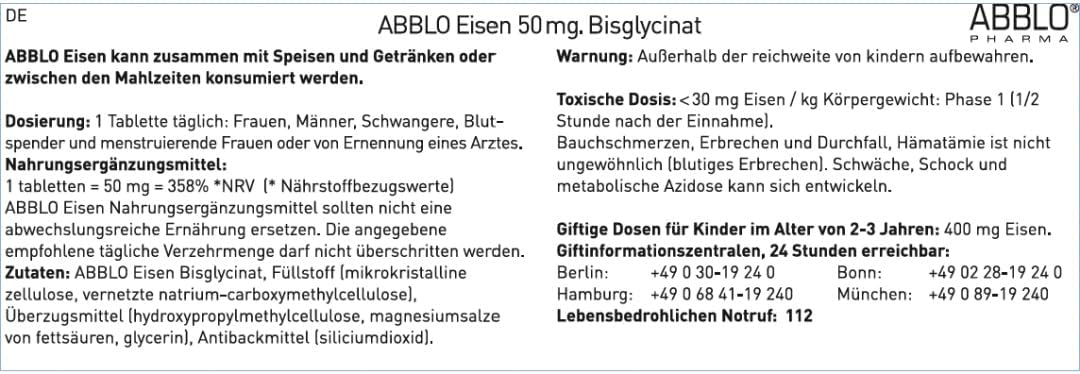 100 Units of Abblo Pharma 50mg Iron Bisglycinate - Gentle on Stomach, Food-Friendly Formula