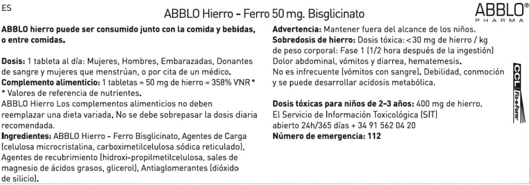 100 Units of Abblo Pharma 50mg Iron Bisglycinate - Gentle on Stomach, Food-Friendly Formula