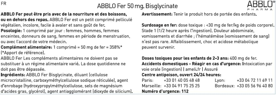 100 Units of Abblo Pharma 50mg Iron Bisglycinate - Gentle on Stomach, Food-Friendly Formula