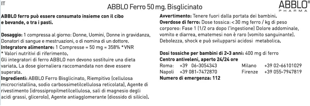 100 Units of Abblo Pharma 50mg Iron Bisglycinate - Gentle on Stomach, Food-Friendly Formula