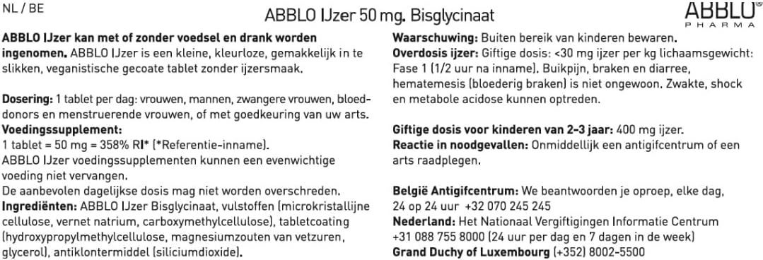 100 Units of Abblo Pharma 50mg Iron Bisglycinate - Gentle on Stomach, Food-Friendly Formula