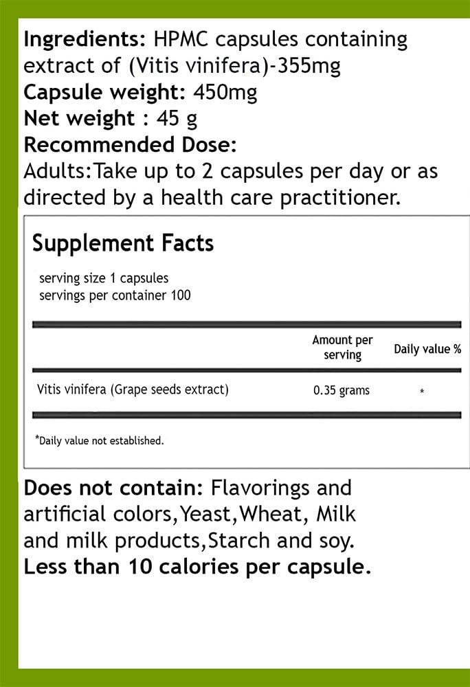 100 Vegan Grape Seed Extract Capsules from Hekma Center - Vitis Vinifera Supplement