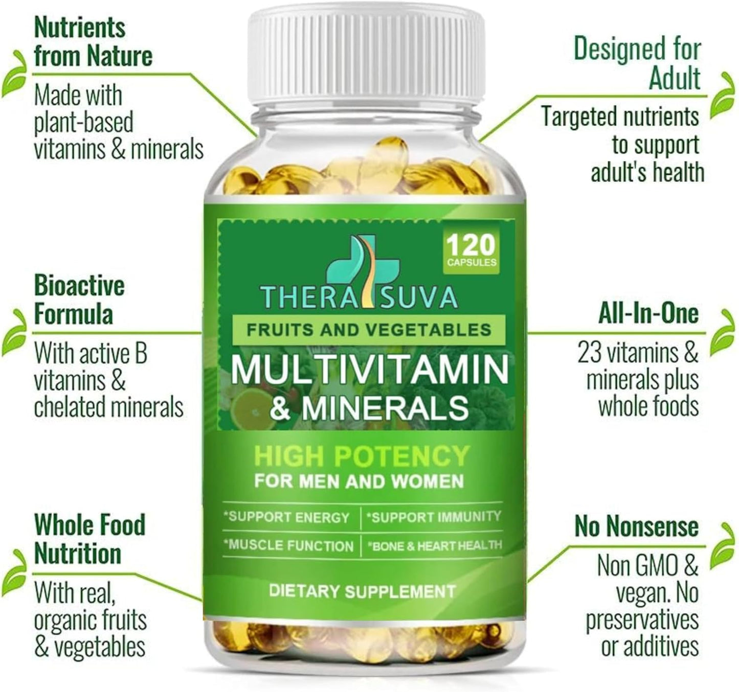 100% Vegan Multivitamin & Minerals with B Complex, Calcium, Magnesium, Zinc - Whole Food Supplement for Men & Women - 120 Capsules