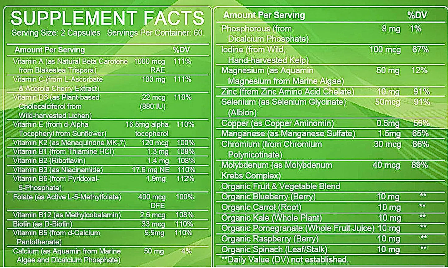 100% Vegan Multivitamin & Minerals with B Complex, Calcium, Magnesium, Zinc - Whole Food Supplement for Men & Women - 120 Capsules