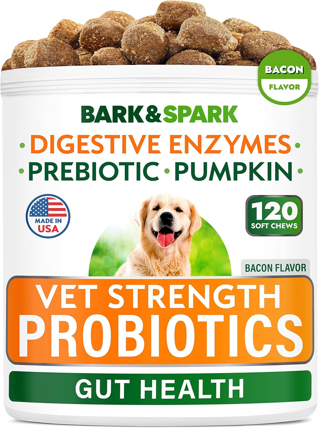 100 Vet Strength Probiotic Chews for Dogs - Relief for Gas, Diarrhea, Allergies, Constipation, Upset Stomach - With Digestive Enzymes, Pumpkin, Prebiotics - Chewable Fiber Supplement - Bacon Flavor