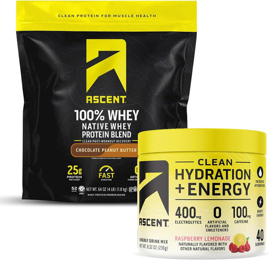 100% Whey Protein Powder in Chocolate Peanut Butter Flavor, 4 lb + Electrolytes for Energy & Hydration in Raspberry Lemonade Flavor, 40 Servings