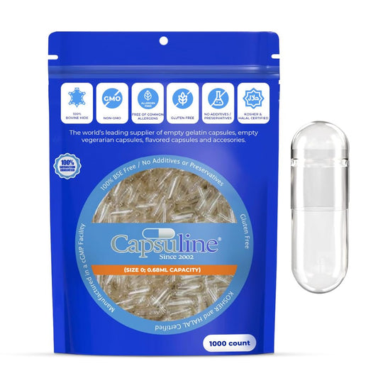 1000 Count Size 0 Clear Gelatin Capsules - Gluten Free, Kosher, Non-GMO Certified Bovine Pill Caps for DIY Supplement Filling