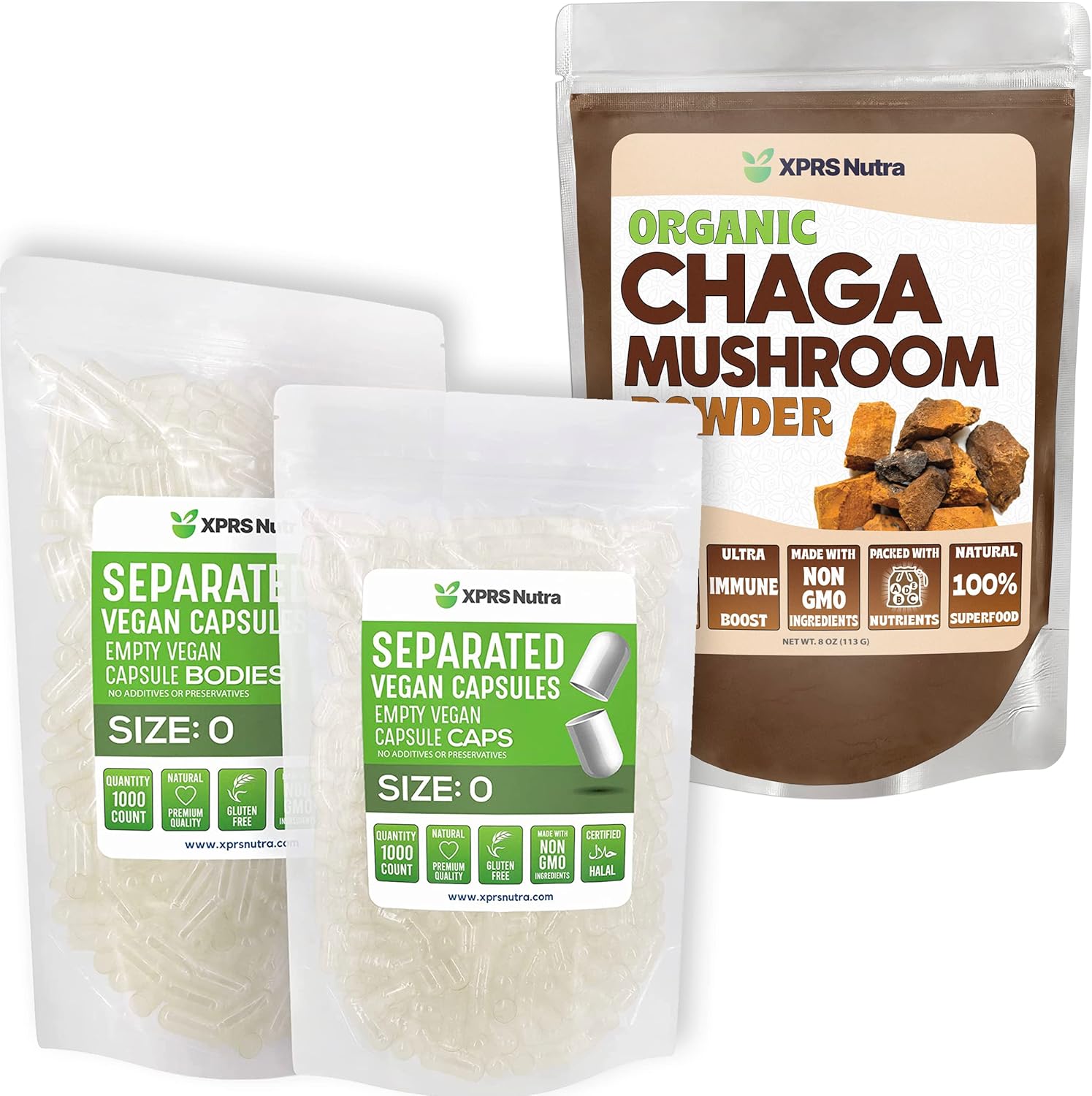 1000 Count Size 0 XPRS Nutra Capsules & 16oz Chaga Powder Bundle