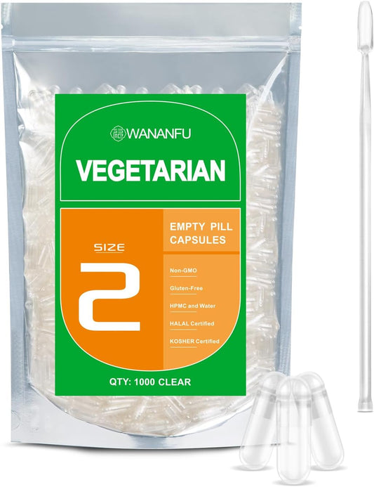 1000 Count Size 2 Vegetarian Empty Capsules Bundle with 2 Micro Lab Spoons - Clear Fillable Veggie Pill Capsules for DIY Supplements