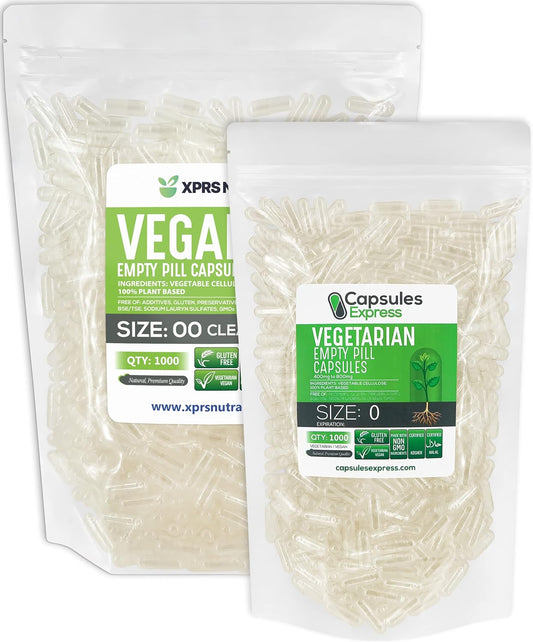 1000 Count XPRS Nutra Empty Vegan Capsules in Size 00 and Size 0