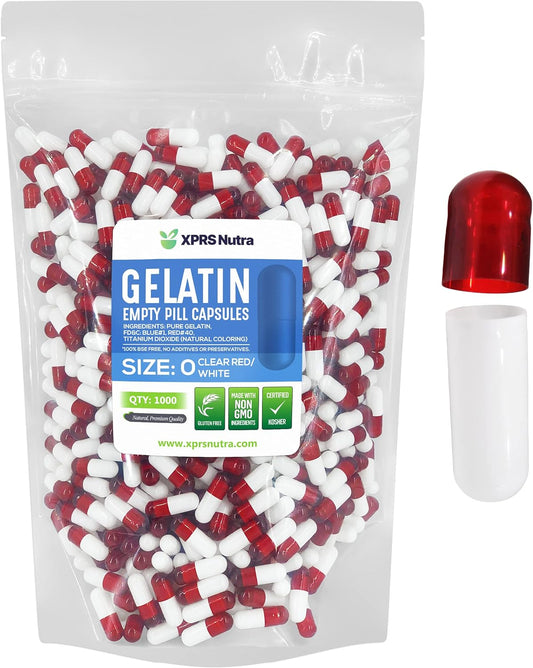 1000 Count XPRS Nutra Size 0 Empty Gelatin Capsules for DIY Capsule Filling - Pure Bovine Pill Capsules - Clear Red/White
