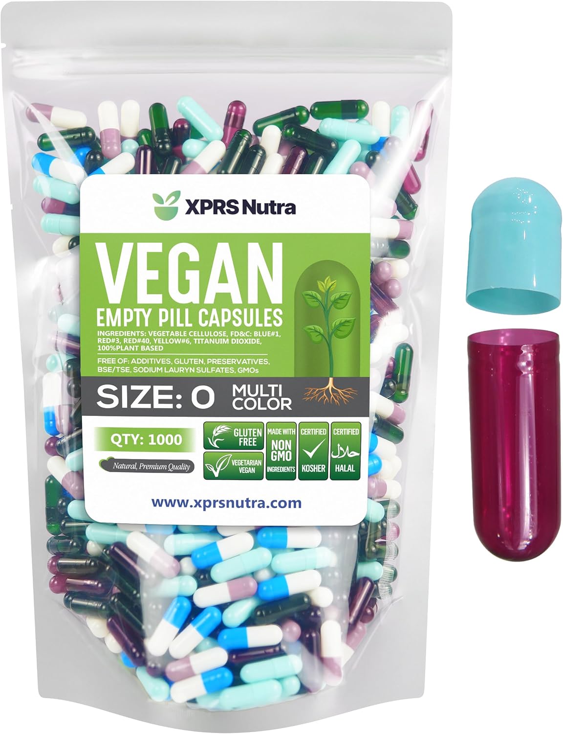 1000 Count XPRS Nutra Size 0 Empty Vegan Capsules for DIY Vegetable Capsule Filling - Multi Color Vegetarian Pill Caps