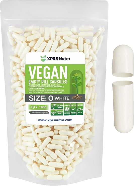1000 Count XPRS Nutra Size 0 Vegetarian Empty Capsules for DIY Vegetable Capsule Filling - White Veggie Pill Caps