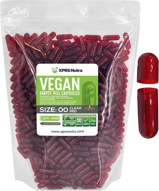 1000 Count XPRS Nutra Size 00 Clear Red Vegan Empty Capsules for DIY Vegetable Capsule Filling