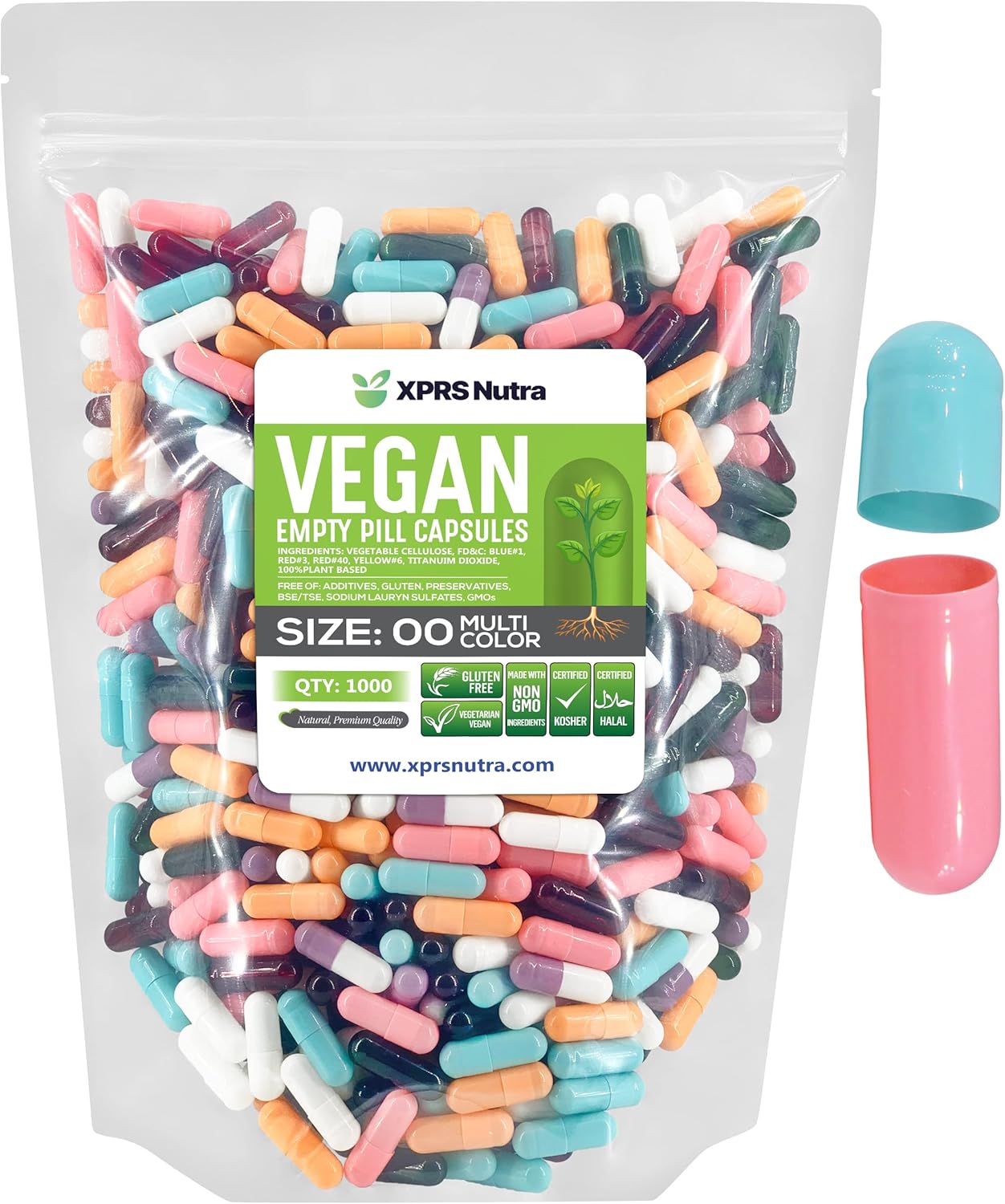 1000 Count XPRS Nutra Size 00 Empty Vegan Capsules for DIY Vegetable Filling - Vegetarian Pill Caps Empty Caps (Multi Color)