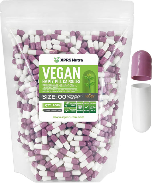 1000 Count XPRS Nutra Size 00 Vegan Empty Capsules for DIY Vegetable Filling - Vegetarian Pill Capsules - Lavender/White