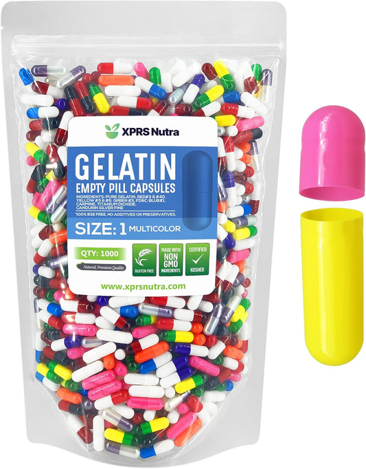 1000 Count XPRS Nutra Size 1 Empty Gelatin Capsules for DIY Capsule Filling - Pure Bovine Pill Capsules in Multi Colors