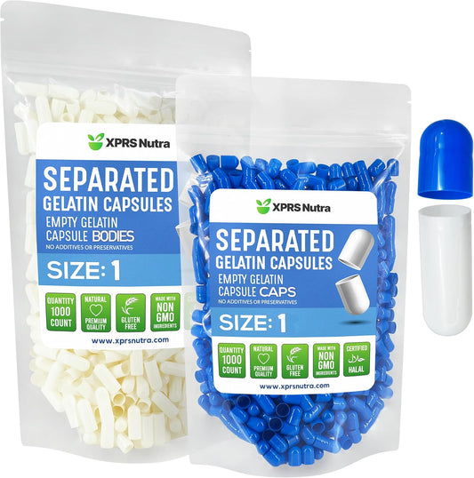 1000 Count XPRS Nutra Size 1 Gelatin Empty Pill Capsules - Separated in Bags - Blue/White - DIY Supplement Filling
